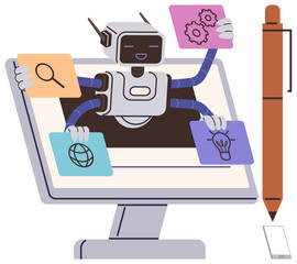 Robot with multiple arms holding search, settings, web, and idea visuals on computer screen. Ideal for AI integration, innovation, productivity, automation, web development digital tools