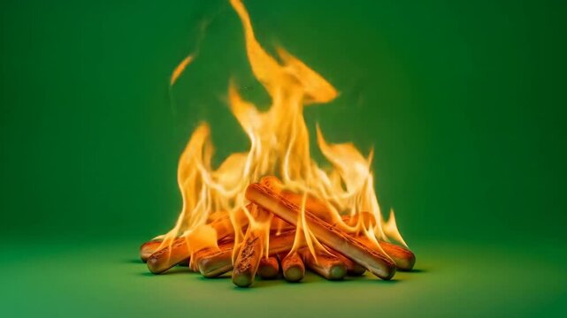 Flaming Breadsticks on Green Screen - A pile of breadsticks is engulfed in flames against a vibrant green screen background.
