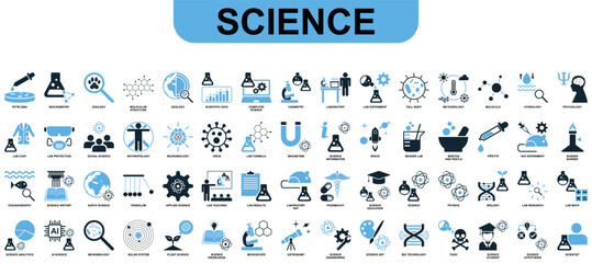Set science icon vector for research, experiment, and discovery. Perfect for illustrating scientific fields like chemistry, biology, and physics with a modern design