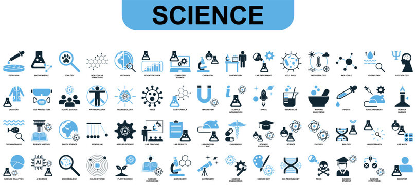 Set science icon vector for research, experiment, and discovery. Perfect for illustrating scientific fields like chemistry, biology, and physics with a modern design
