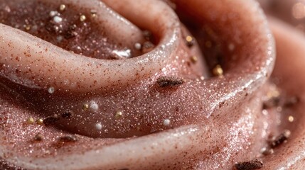 Fototapeta premium Close-up of swirled, textured, light-pink frosting with brown sprinkles and gold glitter