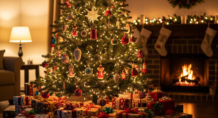 Photo of a beautifully decorated christmas tree with glowing lights and presents underneath, set in a cozy living room with a warm fireplace and stockings hung on the mantel