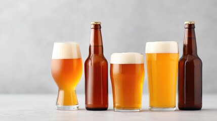 Refreshing assortment of craft beers in various glasses and bott