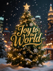 A Christmas tree in the city with the text "Joy to the World"