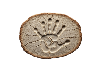 Muted brown, oblong, dry, stale bread with a child's handprint and cracks, isolated on transparent background, concept of forgotten time and fragility