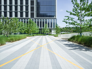 brick floor with modern office building