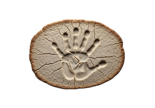 Muted brown, oblong, dry, stale bread with a child's handprint and cracks, isolated on transparent background, concept of forgotten time and fragility