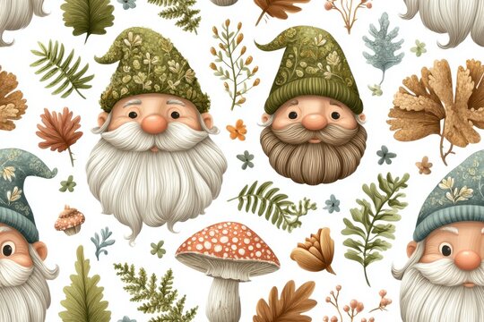 Smiling Gnomes Autumn Seamless Pattern with Mushrooms and Leaves - Powered by Adobe