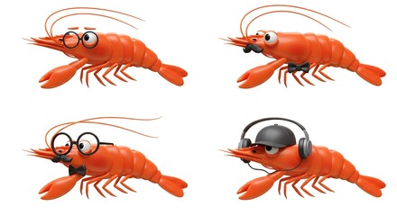 Cartoon shrimp illustration with different expressions