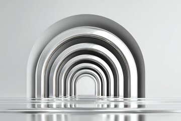 Fototapeta premium Abstract minimal architecture showcasing metallic arches reflecting in a serene environment with smooth surfaces