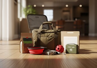 Organized pet emergency kit for travel and safety at home.