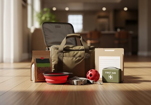 Organized pet emergency kit for travel and safety at home. - Powered by Adobe