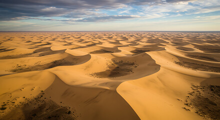 Sweeping Golden Sand Dunes Under Blue Sky With Clouds