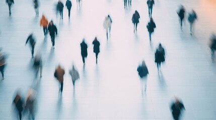 Dynamic scene of blurred figures moving through bright urban spa