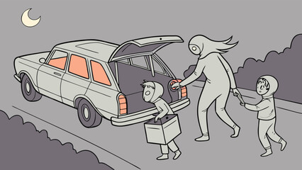 Family in matching hooded outfits packing a vintage station wagon at night under a crescent moon loading cargo into the open trunk