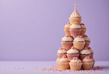 Cupcake. Cute Cupcake with Decorative Cream and Sprinkles. Delicious Cupcake with Frosting and Toppings. Sweet Cupcake Dessert.  Cupcakes tower. Brithday cake