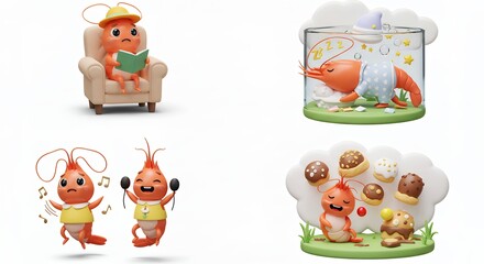 Fototapeta premium Shrimp cartoon characters in playful poses