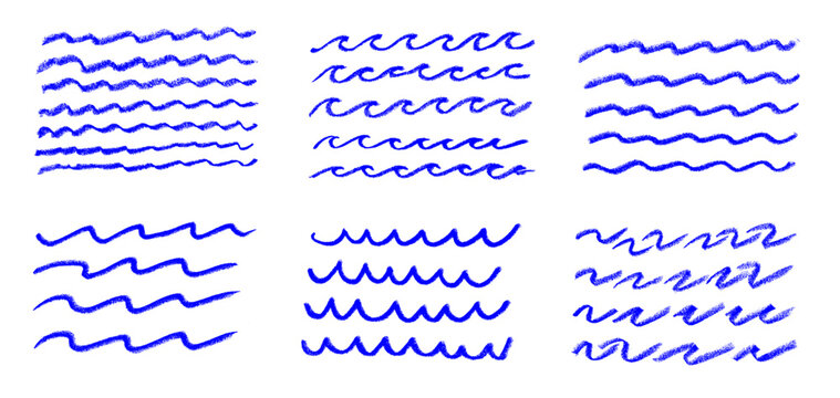 Ocean Wave Line Crayon Chalk Drawing Doodle Vector Set
