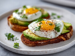 Two avocado toasts topped with fried eggs and fresh herbs served on a white plate close up