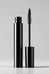 Black mascara tube and wand on gray background