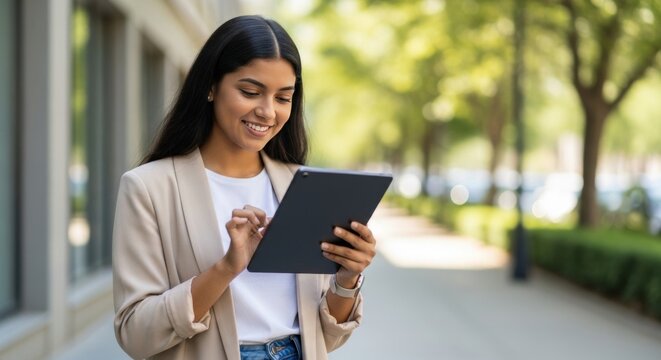 Young indian woman smiling while using a tablet outdoors on a city street, browsing information and enjoying technology