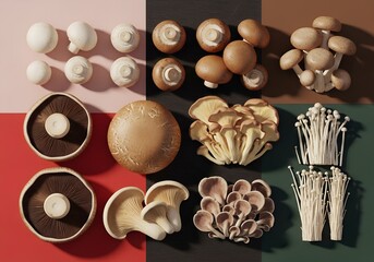 Assortment of Fresh Mushrooms on Vibrant Color Blocks