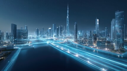Futuristic Cityscape at Night with Light Trails - Dubai's Architectural Marvels and Digital Connectivity