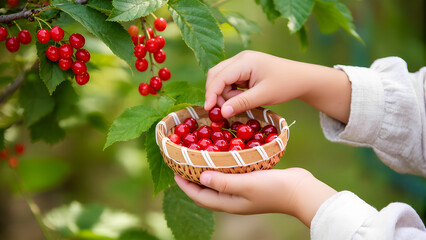A close-up of children's hands carefully picking red cherries from a branch and placing them in a small wicker basket. The blurred greenery of a garden is visible in the background. The image conveys 