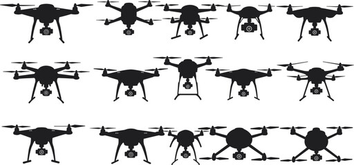 Set of twelve different drone silhouettes with cameras, showcasing aerial technology, surveillance, and photography for various modern and futuristic concepts.