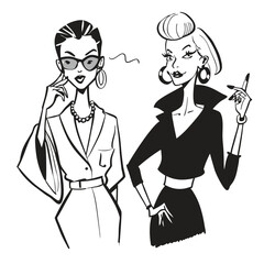 Two fashionable women in a 1950s-inspired black-and-white cartoon style, bold lines, confident poses, one in a skirt suit, the other in a short skirt and sweater, mid-century modern illustration style