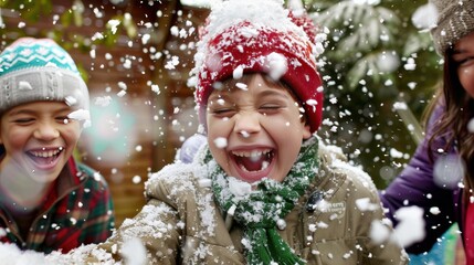 Joyful children playing and laughing in falling snow during winter