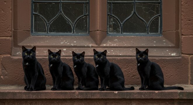 Mysterious charm: Five sleek black cats gracing a weathered stone window ledge