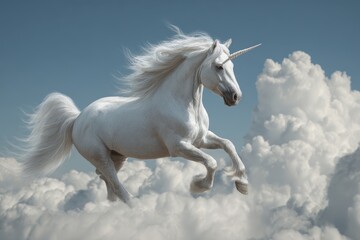Fototapeta premium White unicorn gracefully running through soft clouds in bright daylight, showcasing its elegant form in a stunning fantasy landscape