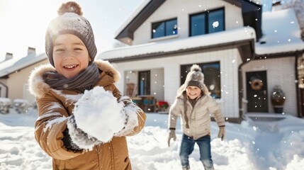 Happy children playing with snowballs on a bright winter day outside a modern house