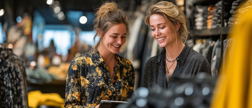 A woman shopper in a contemporary apparel store is assisted by a retail salesperson.