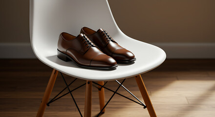 Elegant brown leather dress shoes resting on a modern white chair