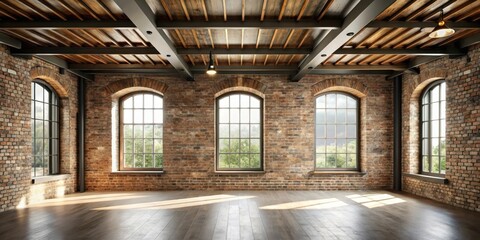 Spacious Industrial Loft with Exposed Brick Walls and Wooden Beams, Sunlit Hardwood Floor, and Large Arch Windows
