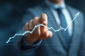 Business executive presents data insights by pointing at an upward trending graph during a corporate meeting in a modern office setting