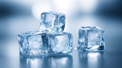 Close-Up of Clear Ice Cubes Stacked on a Reflective Surface, Symbolizing Coldness and Refreshment
