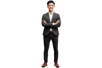 Young handsome Asian business man standing confidently with arms crossed in a smart suit against a neutral background