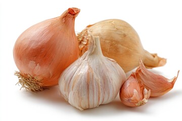Grouping of two onions a bulb of garlic and two loose garlic cloves