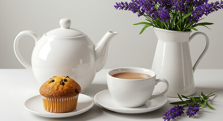 Freshly brewed tea hot chocolate muffin and lavender flowers