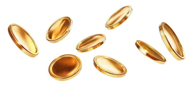 Shiny golden coins, tokens or chips floating in air, isolated on transparent cutout background