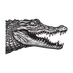 black and white illustration of an alligator with open jaws, teeth