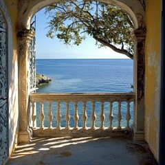 Old balcony looking out at the sea. A digital picture made for printing on a wall. [f2008400-0614-4926-a895-13670d21ef31] --v 6.1 Job ID: bac3125b-a117-4ff4-aa0b-ed09c33c7588