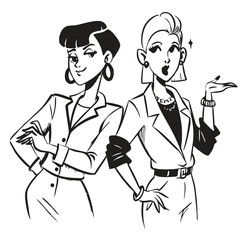 Two fashionable women in a 1950s-inspired black-and-white cartoon style, bold lines, confident poses, one in a skirt suit, the other in a short skirt and sweater, mid-century modern illustration style