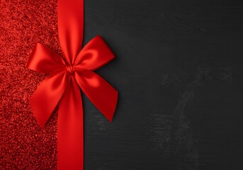 red ribbon bow on black shiny vibrant color texture template, blank copy space, a red satin ribbon and bow, wallpaper  Decorative black bow with price tag. gift card wishes merry christmas background,