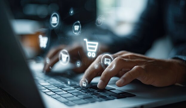 Close-up of hands typing on a laptop, with digital shopping icons overlayed