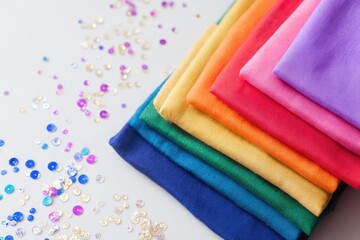 Brightly colored fabrics arranged in neat stacks beside sparklin