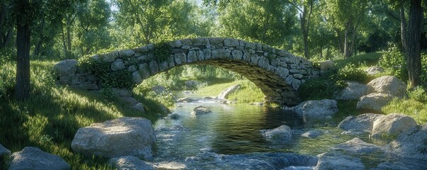 A detailed shot of a rustic stone bridge over a small stream, surrounded by greenery, emphasizing rural charm, 8k, realisti